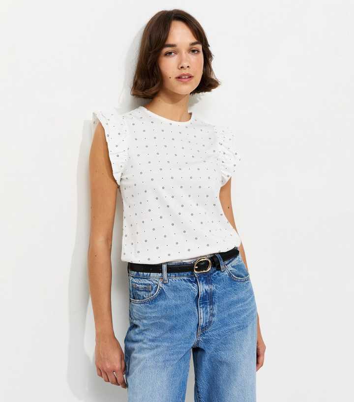 White Cotton Daisy Print Ruffled Sleeve T-Shirt