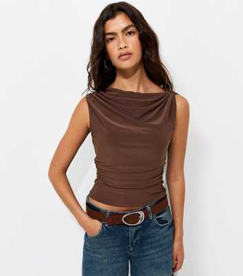 Dark Brown Jersey Knotted Asymmetric Shoulder Top