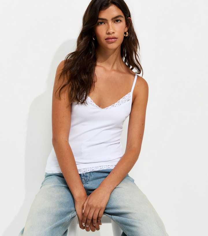 White Cotton Rich Lace Trim Cami Top