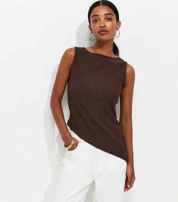 Dark Brown Crinkle Texture Asymmetric Hem Tank Top