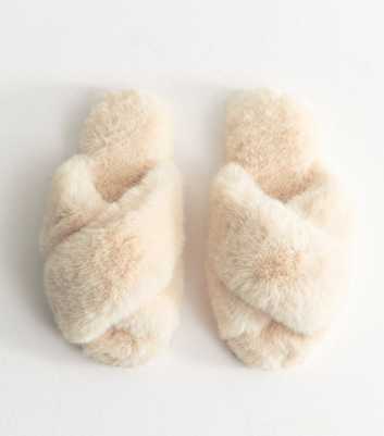 Off White Faux Fur Slider Slippers