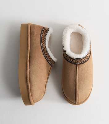 Tan Faux Suede Chunky Sole Tape Trim Slippers