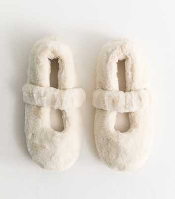 Off White Faux Fur Mary Jane Ballet Slippers