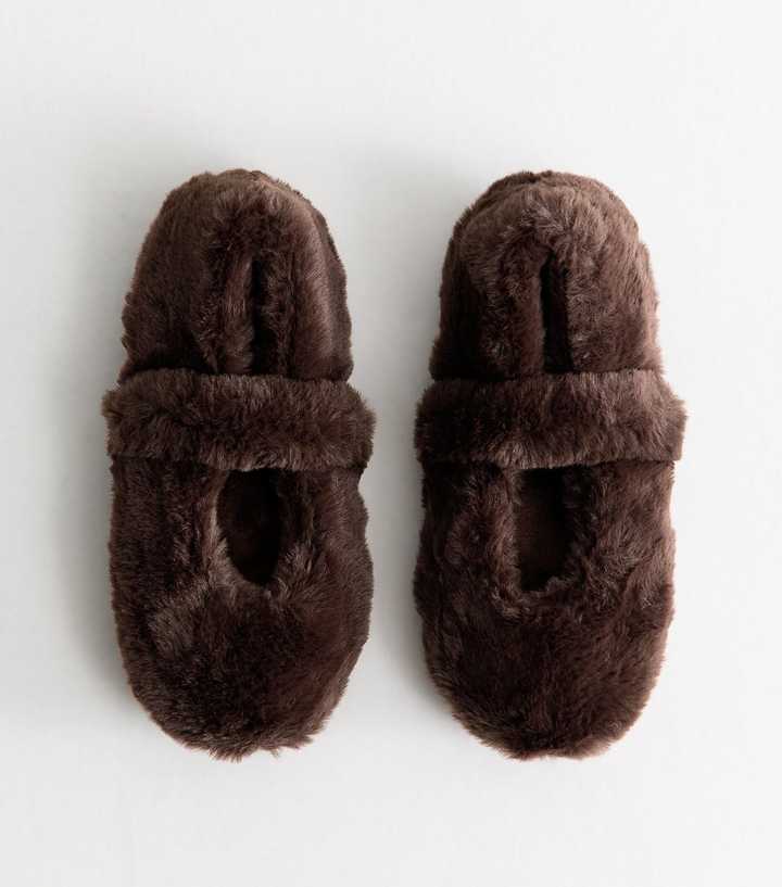 Dark Brown Faux Fur Mary Jane Ballet Slippers