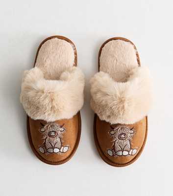 Tan Faux Fur Fluffy Embroidered Cow Slippers