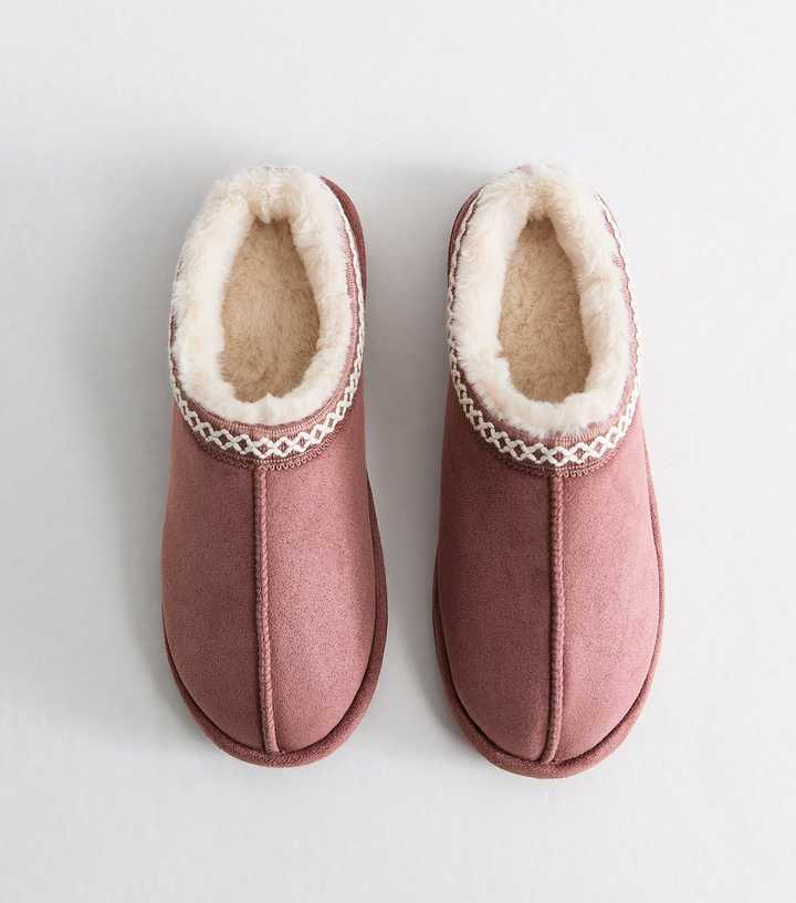 Pink Faux Suede Lace Trim Slipper Boots