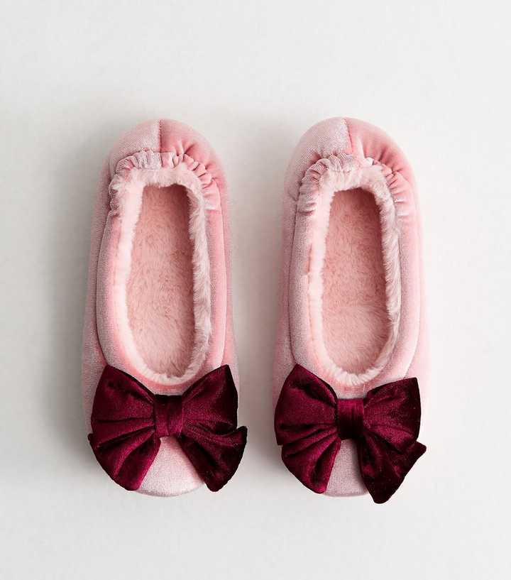 Light Pink Velvet Top Bow Ballet Slippers