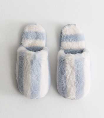 Blue Faux Fur Striped Slippers