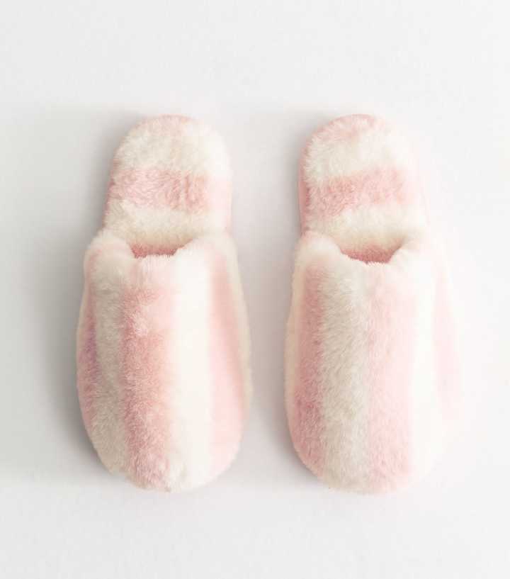 Pink Faux Fur Striped Slippers