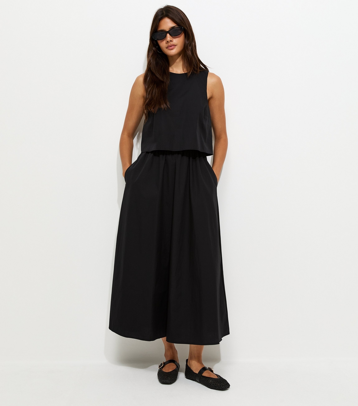 Women's Black Cotton Layered 2-in-1 Sleeveless Midi Dress New Look