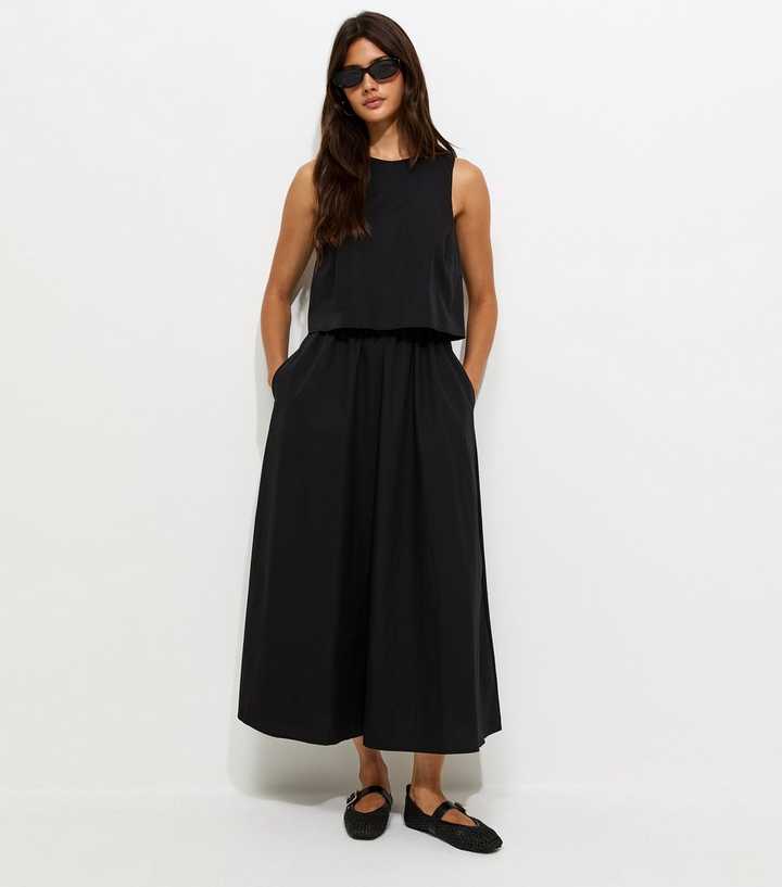 Black Cotton Layered 2-in-1 Sleeveless Midi Dress