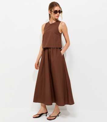 Dark Brown Cotton Layered 2-in-1 Sleeveless Midi Dress
