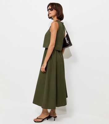 Dark Khaki Cotton Layered 2-in-1 Sleeveless Midi Dress