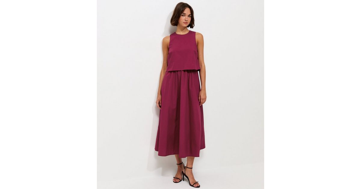 Dark Burgundy Cotton Layered 2-in-1 Sleeveless Midi Dress