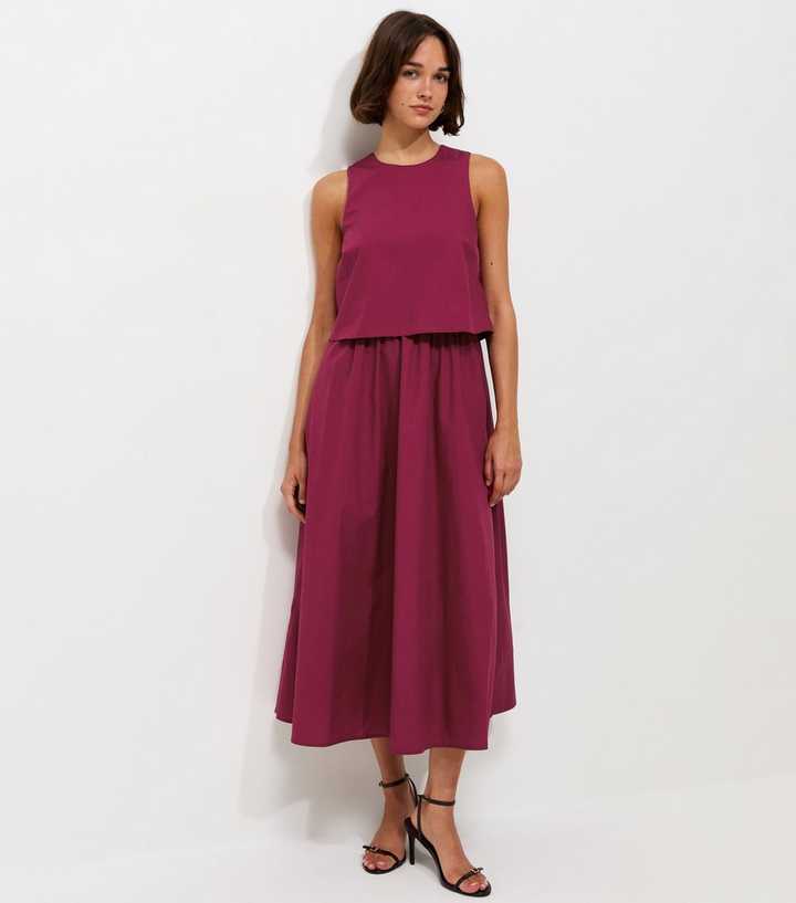 Dark Burgundy Cotton Layered 2-in-1 Sleeveless Midi Dress