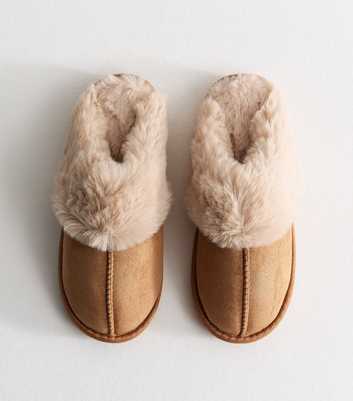 Tan Faux Suede and Faux Fur Backless Mule Slippers