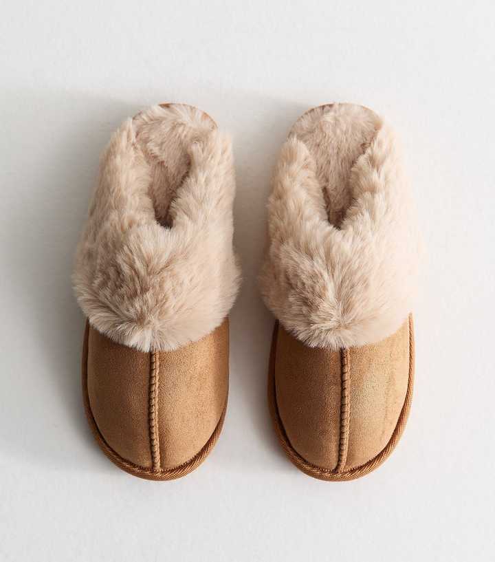 Tan Faux Suede and Faux Fur Backless Mule Slippers
