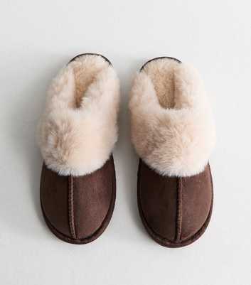 Tan Faux Suede and Faux Fur Backless Mule Slippers