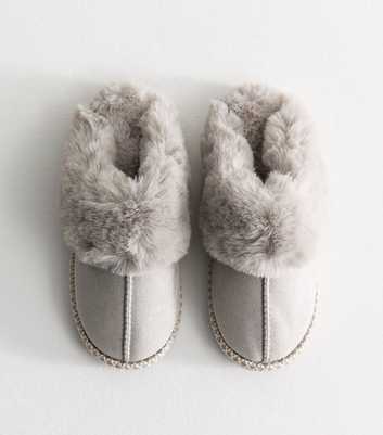 Grey Faux Suede Stitch Trim Mule Slippers