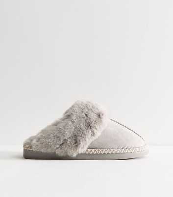 Grey Faux Suede Stitch Trim Mule Slippers