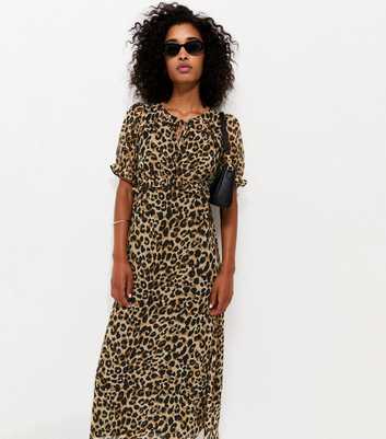 Brown Leopard Print Ruffle Chiffon Short Sleeve Midi Dress