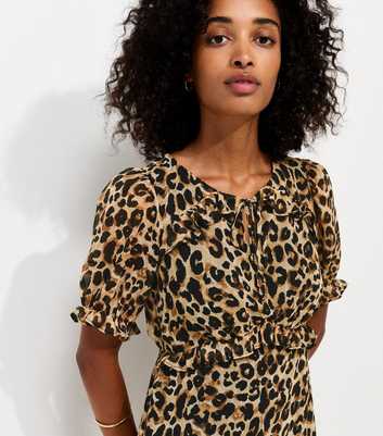 Brown Leopard Print Ruffle Chiffon Short Sleeve Midi Dress