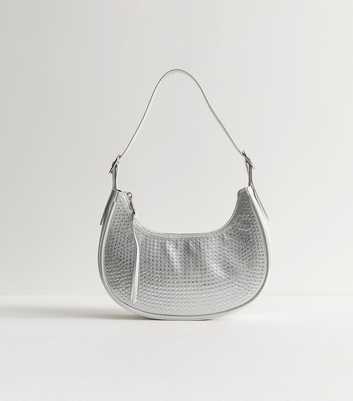 Silver Faux Leather Gem Embellished Curved Shoulder Bag