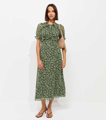 Green Floral Print Ruffle Trim Chiffon Short Sleeve Midi Dress