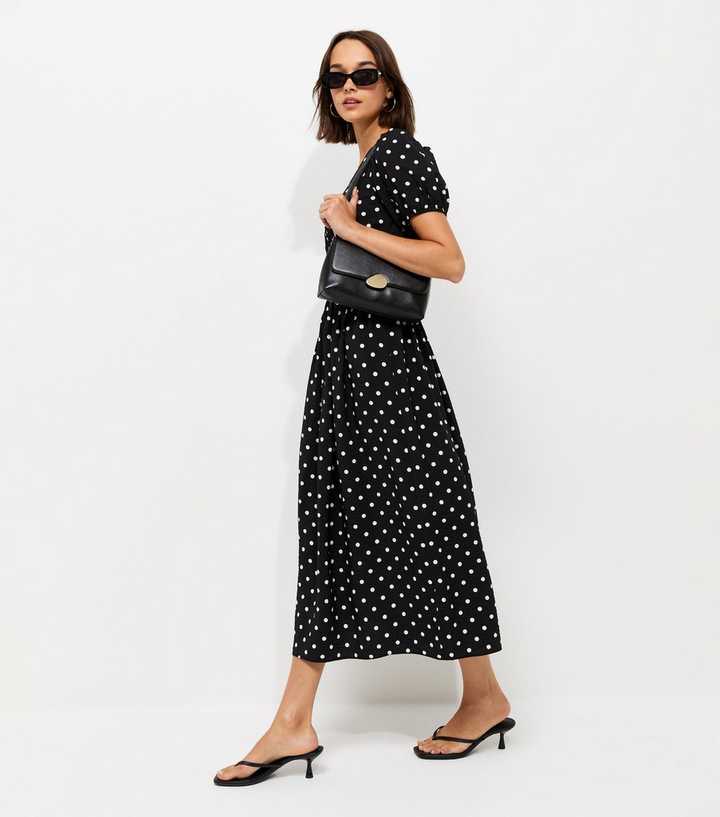 Black Polka Dot Ruched Waist V Neck Puff Sleeve Midi Dress
