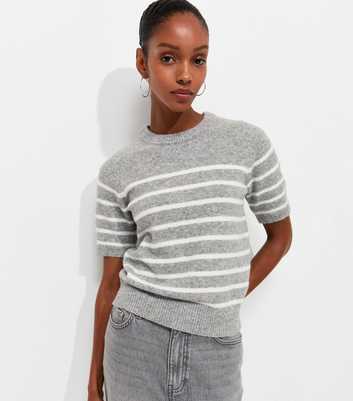 Grey Knitted Horizontal Stripe Set In Sleeve T-Shirt