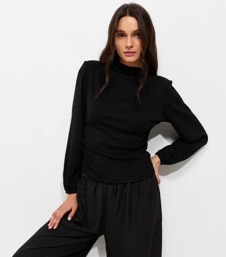 Black Shoulder Pad High Neck Long Sleeve Top