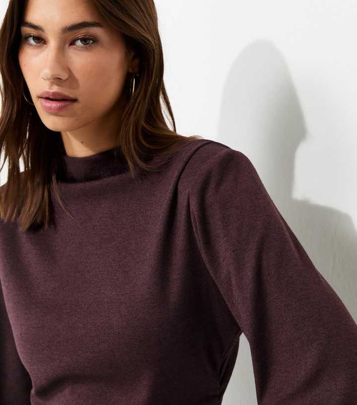 Burgundy Shoulder Pad High Neck Long Sleeve Top