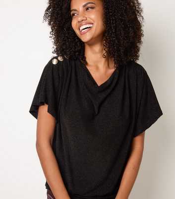 Blue Vanilla Black Draped Cowl Neck Button Detail T-Shirt