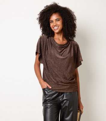Blue Vanilla Bronze Draped Cowl Neck Button Detail T-Shirt