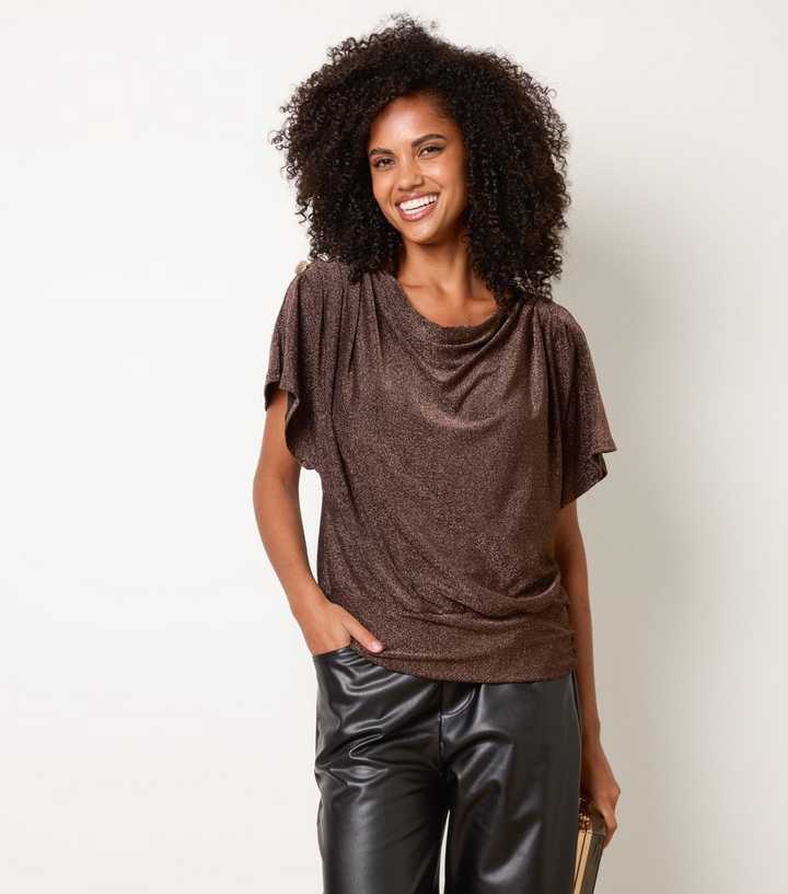 Blue Vanilla Bronze Draped Cowl Neck Button Detail T-Shirt