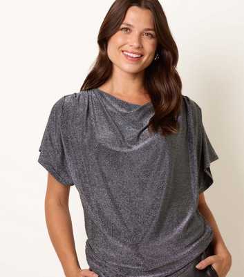 Blue Vanilla Silver Cowl Neck Draped Top