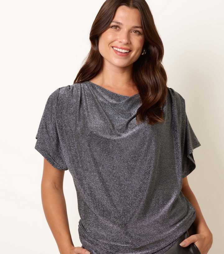 Blue Vanilla Silver Cowl Neck Draped Top