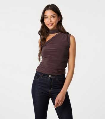 Pink Vanilla Dark Brown Slinky One Shoulder Halter Neck Top
