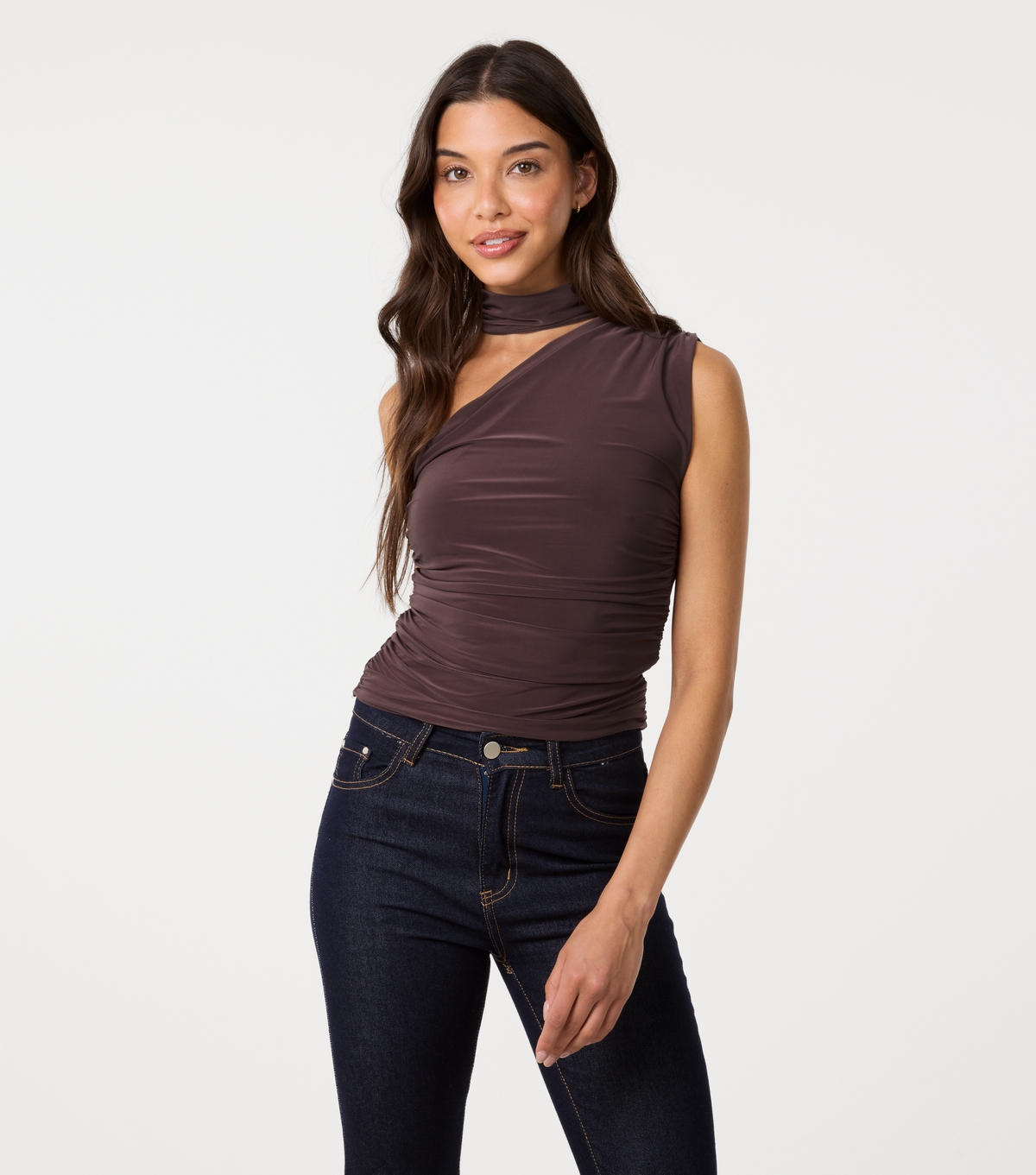 Women's Dark Brown Slinky One Shoulder Halter Neck Top Pink Vanilla New Look
