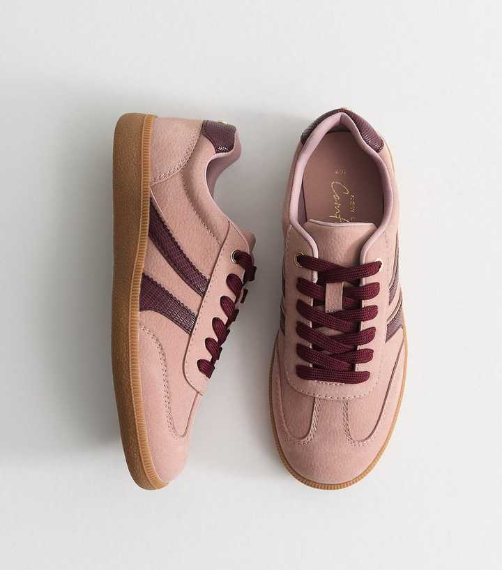 Pink Pebbled Faux Leather Contrast Stripe Trainers