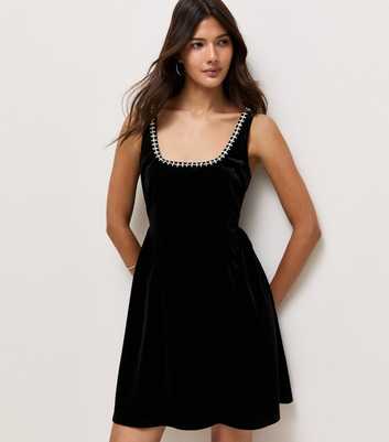 Black Velvet Jersey Diamante Trim Mini Dress