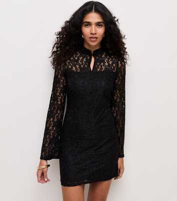 Black Lace Keyhole Collared Long Sleeve Mini Dress