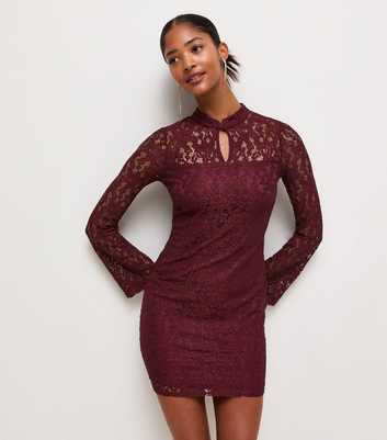 Dark Burgundy Lace Keyhole Collared Long Sleeve Mini Dress