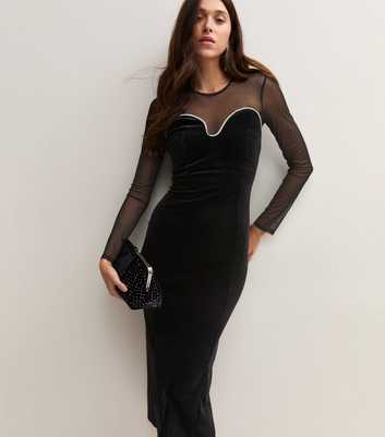 Black Velvet And Mesh Diamante Trim Long Sleeve Midi Dress