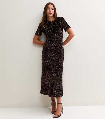 Dark Brown Sequin Embellished Midi Dress