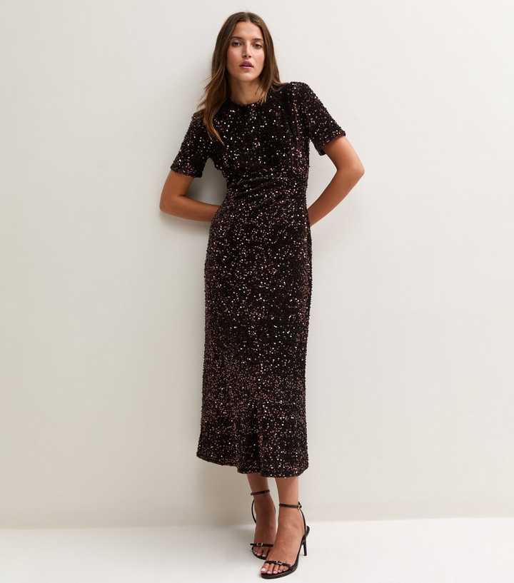 Dark Brown Sequin Embellished Midi Dress