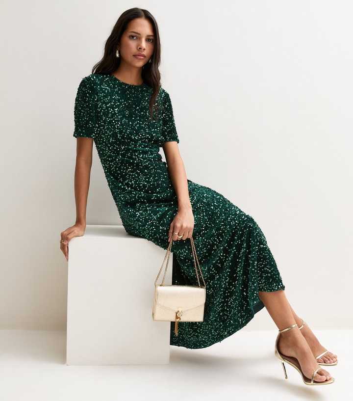 Dark Green Sequin Embellished Midi Dress
