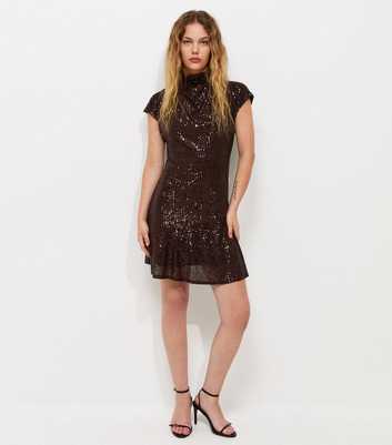 Dark Brown High Neck Sequin Embellished Mini Dress