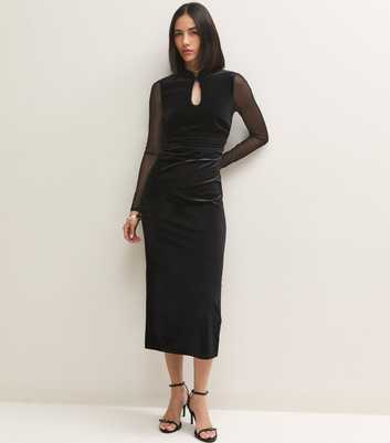 Black Velvet Trim Keyhole Neck Midi Dress