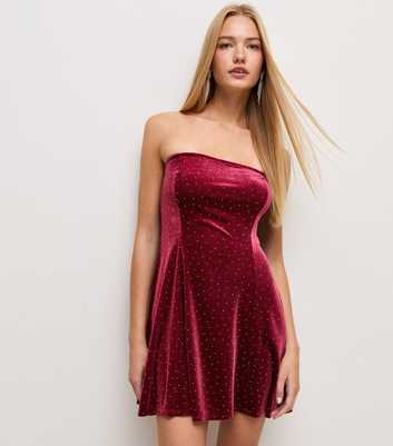 Dark Burgundy Embellished Velvet Bandeau Mini Dress